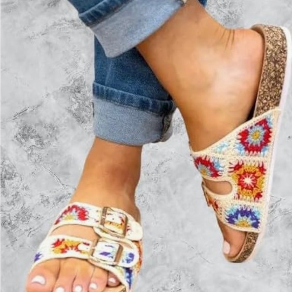 Forever Link Women's Double Buckle Floral Crochet Cork Flat. Various Sizes